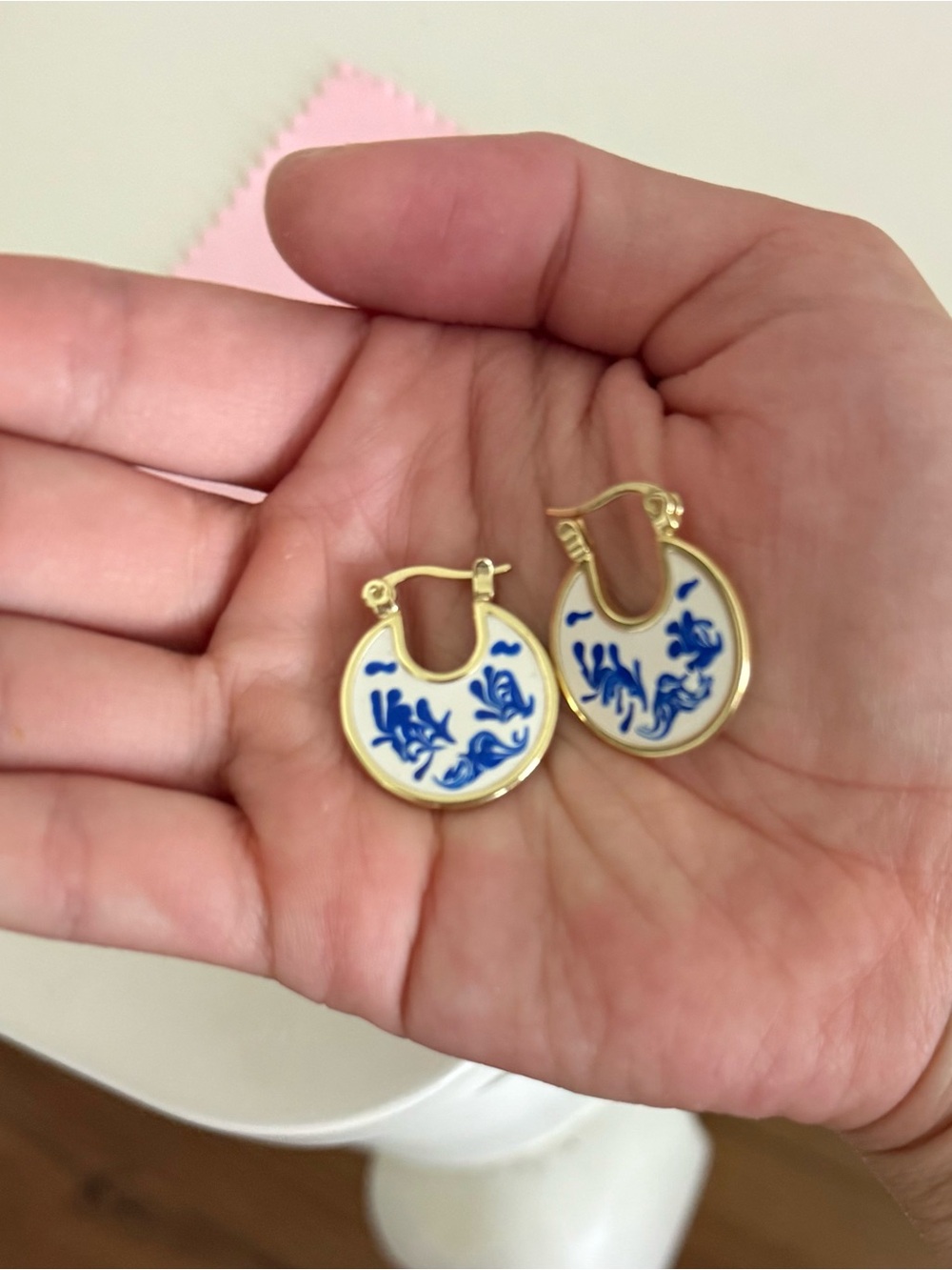 Ana Luisa Blue & White Floral Enamel Hoop Earrings - Gold Trim - Picture 4 of 4
